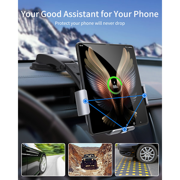 Bilholder til Galaxy Z Fold 4 3 2 med dobbelt spole trådløs oplader til Samsung W22 W21 foldbar telefon hurtig opladning