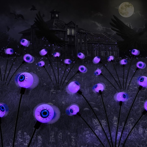 2PACK Scary Eyeballs Solar Garden Lights Halloween Decorations Outdoor,Swaying Firefly with 12LED Purple Spooky Lights