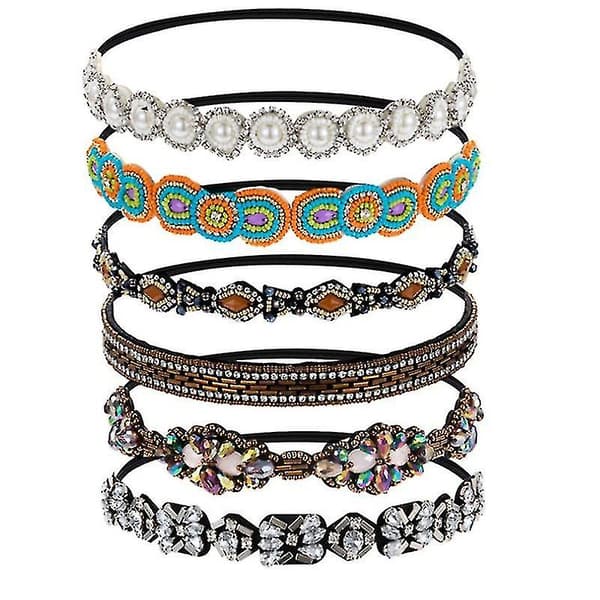 6 stk Rhinestone Perle Elastisk Hårbånd, Trendy Håndlaget Krystall Perle Elastiske Hårbånd Dame Kvinner Jenter Hårpynt Tilbehør