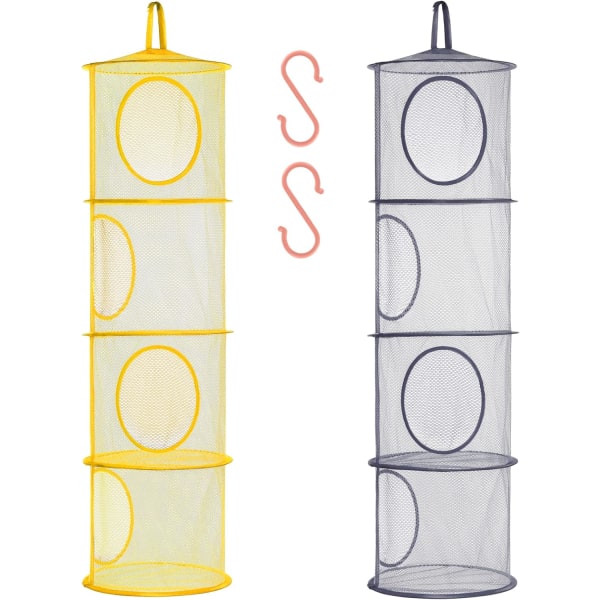 Vikbar hängande förvaring Mesh Space Saver Bags Organizer, fack Hängande gosedjursförvaring för barn, 2Pack (4-vånings-gul och grå)