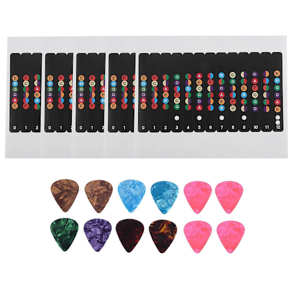 5 st Guitar Stickers, Greppbräda Stickers, Gitarrstickers med 12 st Guitar Picks för Börjare