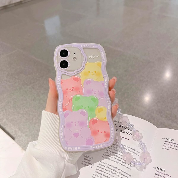 Kompatibel för iPhone 12 case, sött genomskinligt tecknat björndjur med blompärlbandsrem för kvinnor, flickor, mjuk TPU- lila björn