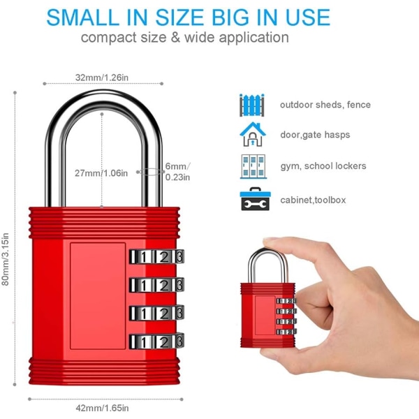 Numerolukko kaappeihin, 4-numeroinen lukkoyhdistelmä kuntosalin kaappiin, koulukaappiin, aitaan, porttiin, haspisäilytykseen (2 pakkausta, punainen)