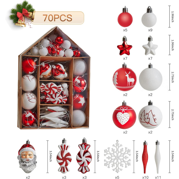 Julgransprydnad Set, 70-pack Shatterproof Blandade Julgransprydnader med Hängande Rep för Juldekorationer Hemfest