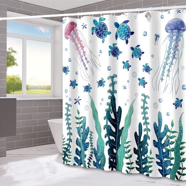 Sea Turtles Ocean Shower Curtain with Hooks Polyester Fabric Waterproof Curtain for Bathroom Decor Funny Plant Green Shower Curtain Set 72" x 72"