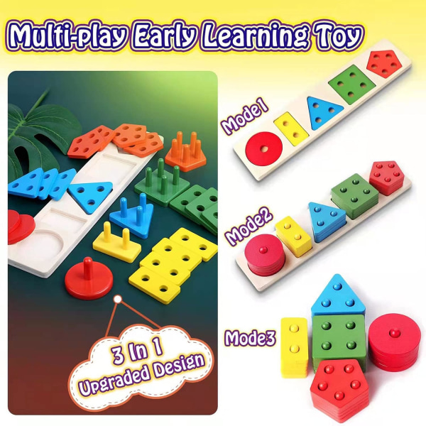 Leksaker för 1 2 3 4-åriga småbarn, sorterings- och staplingsleksaker i trä (3 i 1 Multi_Play) för småbarnsförskola.