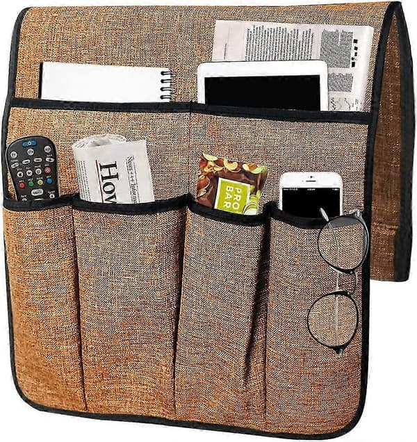 Large Sofa Organizer Caddy, Non-Slip TV Remote Control Holder Sofa Armrest Storage Bag, 19.7 * 35 inch Cafe