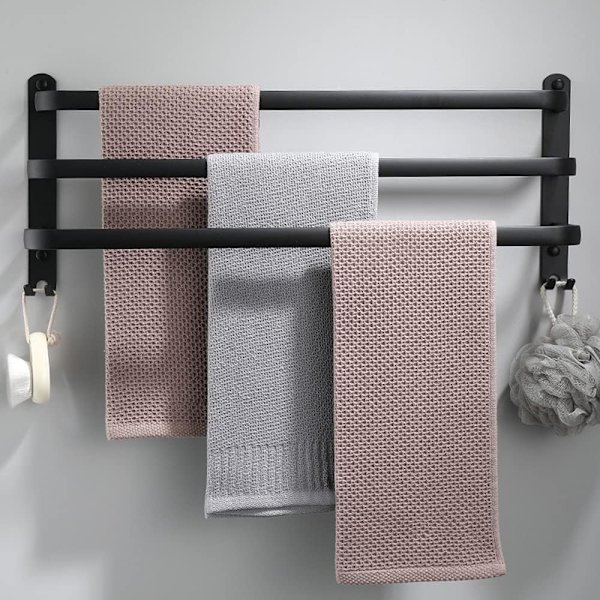 Vægmonteret håndklædeholder i aluminium - 3 lag - vandtæt - sort - 30 cm - til badeværelse, køkken, badeværelse - 30 cm