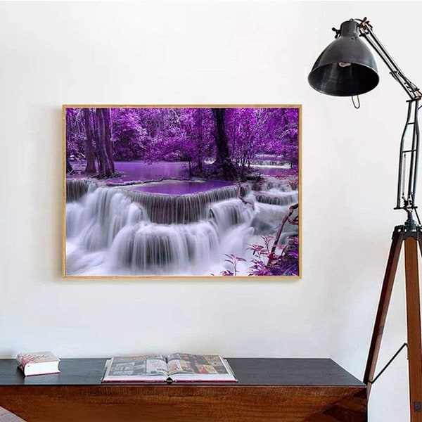 5D DIY timanttimaalaussetti, ristipistokoristelu (numeroitu) Kodinsisustus (Violetti vesiputousmaisema)