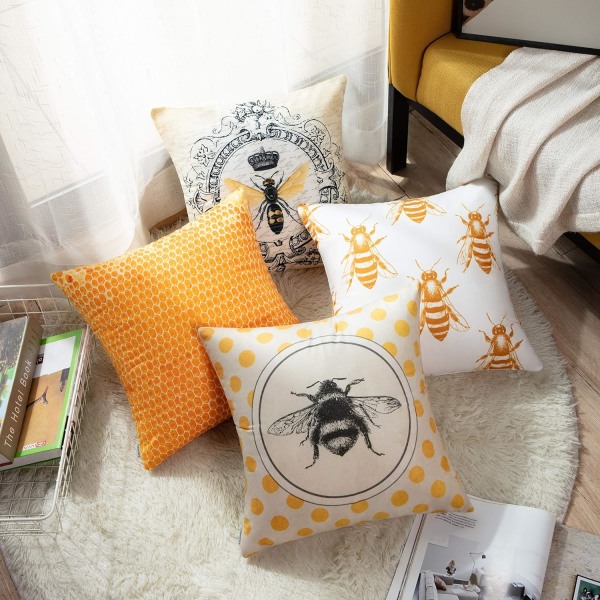 Sett med 4 putetrekk Bie Honning Gul Moderne Vintage Fransk Dronning Entomologi Hjemmeinnredning Kvadrat 16x16 Tommer Putevar