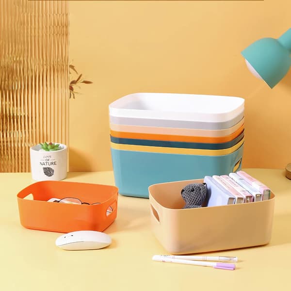 6-pack Plastic Storage Baskets with Handles, Cabinet Storage Bins for Bathroom, Office, Kitchen Organizer Storage Box, White, 25 x 17.5 x 10 cm
