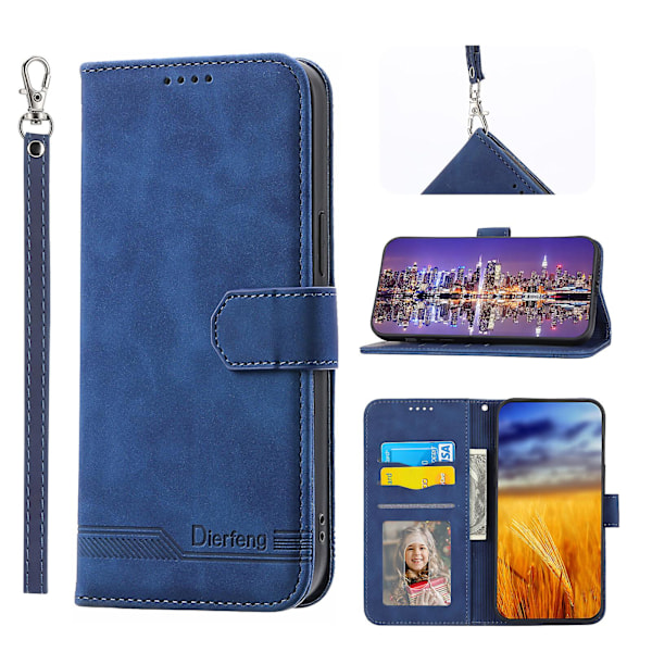 Til iPhone 14 Cover, Læder Wallet Flip Cover Med Rem Blue iPhone 14