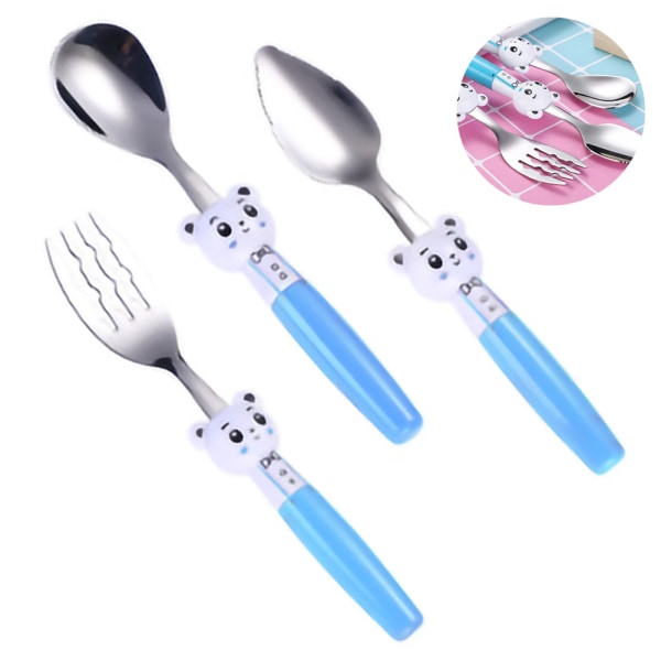 3 deler rustfritt stål barnebestikk - 1 x barnesikre gafler, 1 x mud scraper, 1 x spiseskjeer, barnebestikk