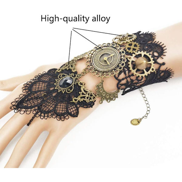 Fingerlösa handskar gotisk blommig spets steampunk handledsband klocka vintage kugghjul handskar bröllop armband strass ring set - 1 par