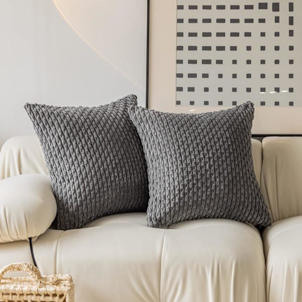 Sæt med 2 bløde stribede fløjls pyntepuderbetræk 16x16 tommer, pudebetræk til sofa 40x40cm, 16 x 16 tommer, mørkegrå