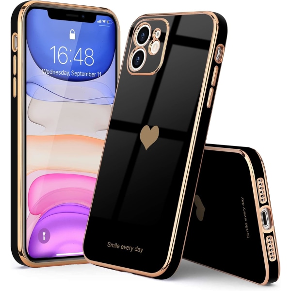 Kompatibel med iPhone 11 Etui til kvinder Pige Sød Kærlighed-Hjerte Luksus Bling Plating Blød Bagside Cover Hævet Fuld Kamera, Sort