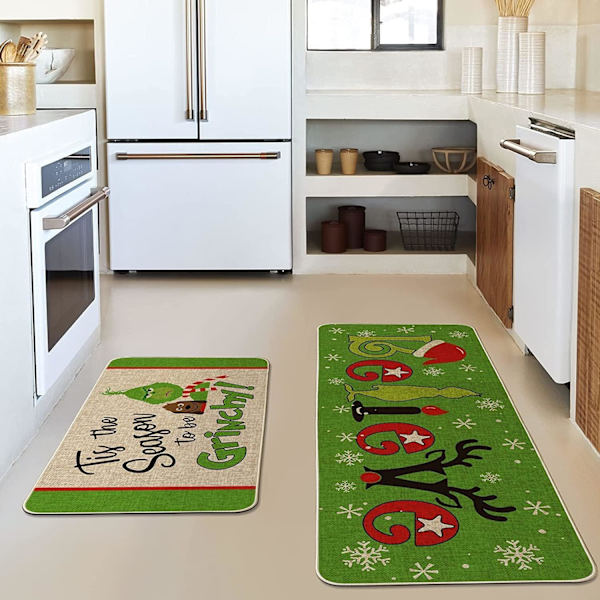 Grinch joulukoristeet keittiömatot ja -matot 2 kappaleen sarja, Grinch talviloman juhlan ja kodin sisustus (17x30 ja 17x47 tuumaa)