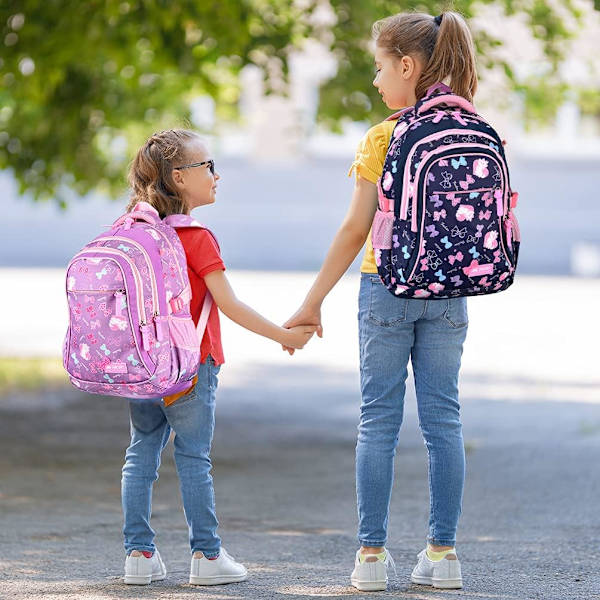 Primær skolepige skole taske CP barn - Primær skole rygsæk CE2 elementær 3 stykker sæt med frokost tasker (lys lilla)