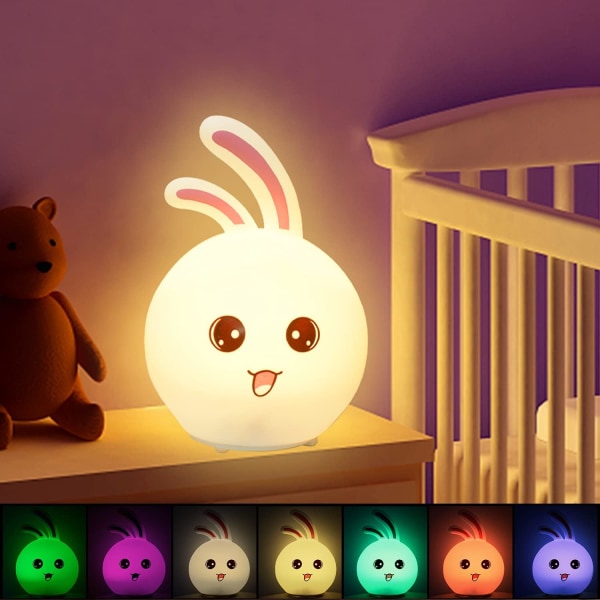 Nattlampa för barnrum, söt nattlampa silikon kaninlampa för toddler med 7 LED-lampor som ändrar färg.