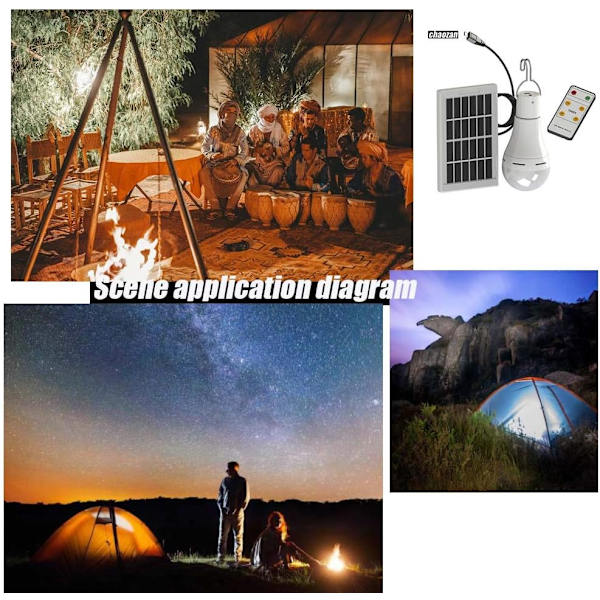 LED solcellelampe, 9W solenergi superlyse pærer med fjernbetjening - solcamping / nødlys til camping vandreture, 2 stk