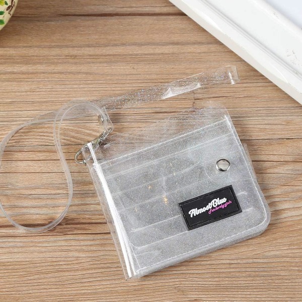 Genomskinlig plånbok för kvinnor, tvåfaldig plånbok med snöre Söt gelémyntpåse ID- case, silver, liten, tvåfaldig plånbok
