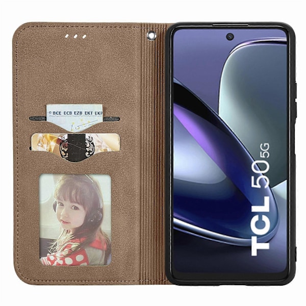 TCL 50 5G -puhelimen suojakotelo, nahkajäljitelmä, korttipidike, magneettikiinnitys - Vihreä Multicolor Brown