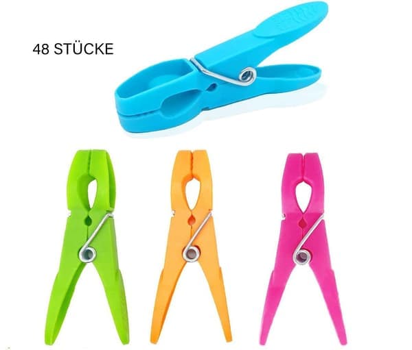 Clothes Pegs, 48 Plastic Clips, Strong Grip Clips