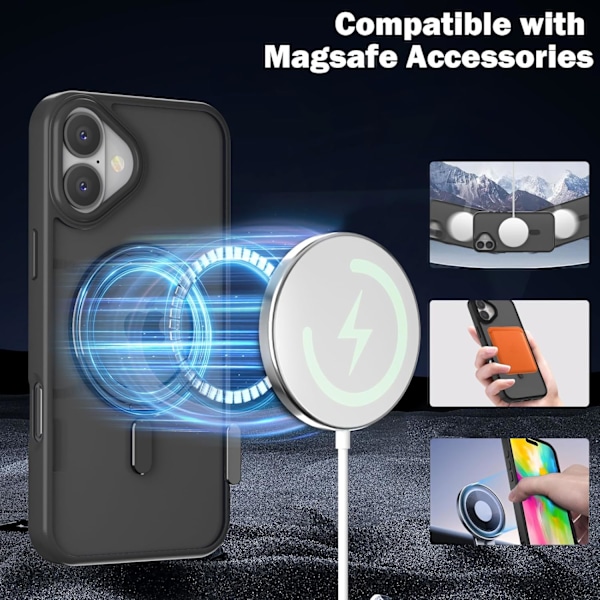 Magnetiskt fodral för iPhone 16 eller 16 Plus [Kompatibelt med MagSafe], Genomskinligt smalt bakskydd med 360° roterbart ringstativ Transparent iphone16plus