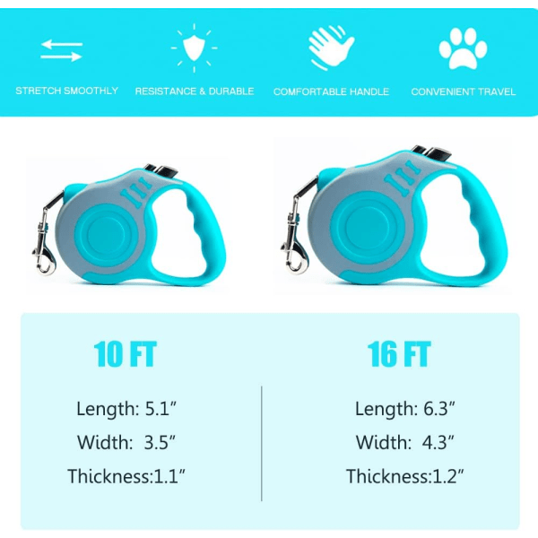 Retractable-talutin, kevyt talutin liukumattomalla kahvalla, pienille ja keskisuurille koirille (harmaa-sininen, 16 jalkaa)