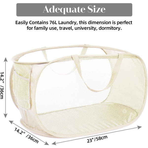 Slitesterk sammenleggbar klesvaskkurv, Mesh Pop Up klesvaskkurv med sidelomme, sammenleggbar klesoppbevaringskurv Beige