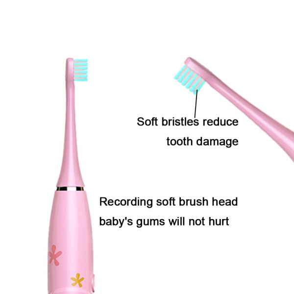 Elektriska tandborstar för barn med 4 borsthuvuden, 3 lägen med minne, Ipx7 vattentät, 2 minuter Build-2-12Rosa