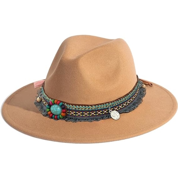 Women's Felt Fedora Hat Wide Brim Panama Hats with Tassel