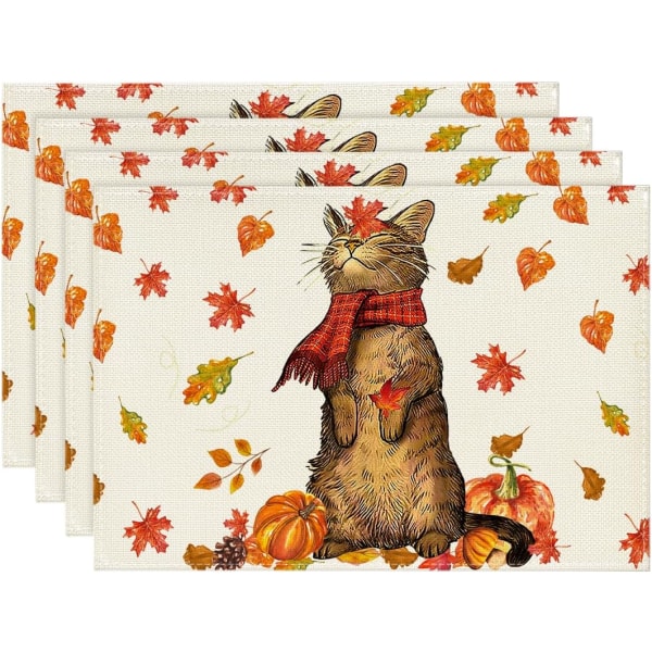 Cat Maple Leaves Höst bordstabletter Set med 4, 12x18 tum pumpa säsongsbetonad höst Thanksgiving bordsunderlägg för fest kök matsal dekoration