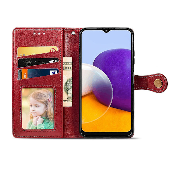 For Samsung Galaxy A22 4G Solid Farge Lær Spenne Telefondeksel med Lanyard & Fotoramme & Kortspor & Lommebok & Stativfunksjon Red
