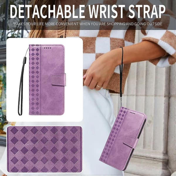 Leather Case with Wallet Stand and Grid Pattern for Samsung Galaxy S24+(Plus)/ Galaxy S25+(Plus) (Light Purple)