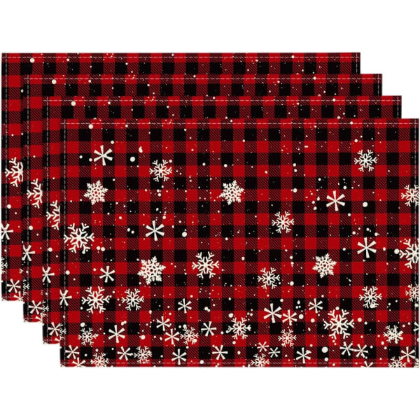 Røde og sorte Buffalo Plaid julepladsmåtter til spisebord, 12 x 18 tommer sæsonbestemt vinterjulesnefnug sæt med 4