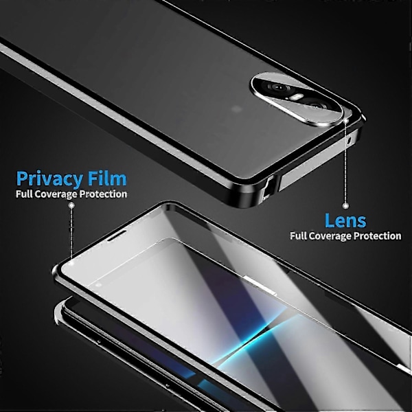 kompatibel Sony Xperia 10 VI Hærdet Glas Cover Metal Ramme Klar PC Bagside Magnetisk Telefon Cover - Sølv_Gave til G Black