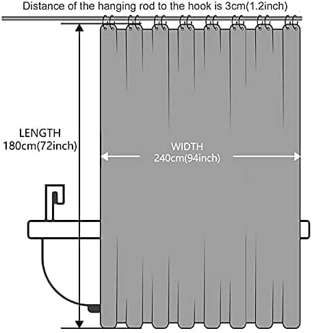 Duschdraperi 240x180 cm, med 16 krokar, extra bred, viktad, M