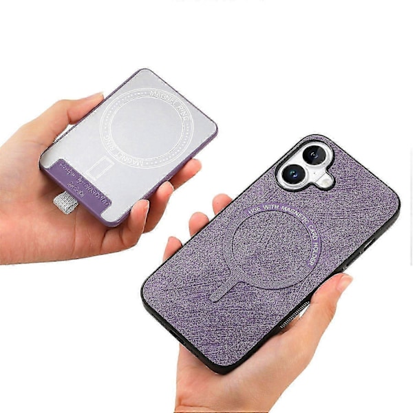D7 Magnetisk deksel til iPhone 16 med kortholder, ringstøtte, PU-lær telefonbakdeksel - Brun Purple