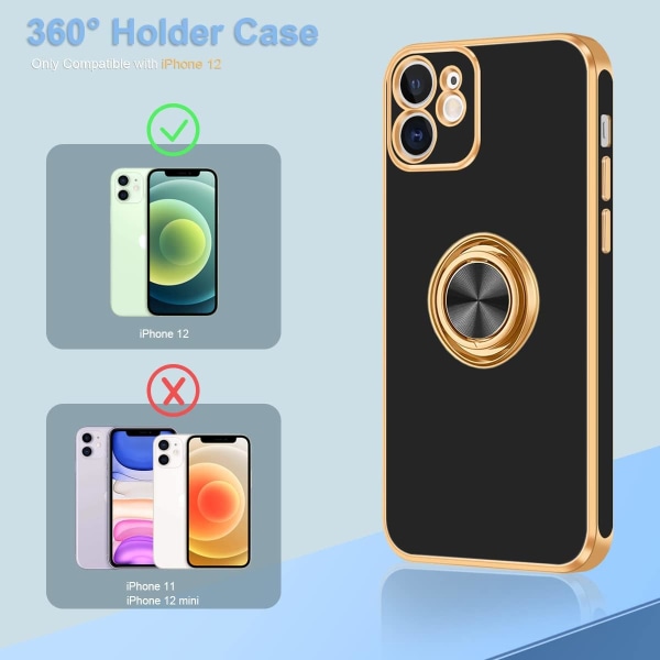 iPhone 12 case med ringställ, [360° roterbar ringhållare magnetiskt stativ] [Blansande guldkant], svart
