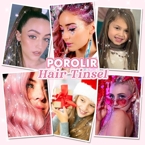 Clip in Hair Tinsel Kit, Pack med 6 st Glitter Fairy Tinsel Hair Extensions 20 tum glänsande Hair Tinsel Värmebeständig (Guld)