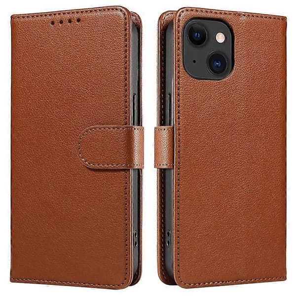 Compatible Leather Case for iPhone 15 with Litchi Texture, RFID Wallet, and Stand (Brown)
