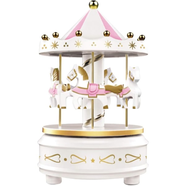 Carousel Music Box - Cake Topper. Lights and Easy Twist, White - 4 Horse Classic Decor, Melody Beethoven's Fur Elise.