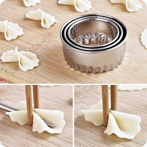 3 stk. dumpling-udstikkersæt i rustfrit stål med bølget kant til rund wienerbrødsdej