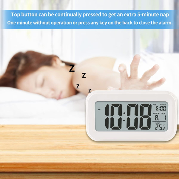 Digital väckarklocka med inomhustemperatur, batteridriven, snooze-modell, 12/24H-visning för sovrum, tunga sovare, barn, resor, badrum