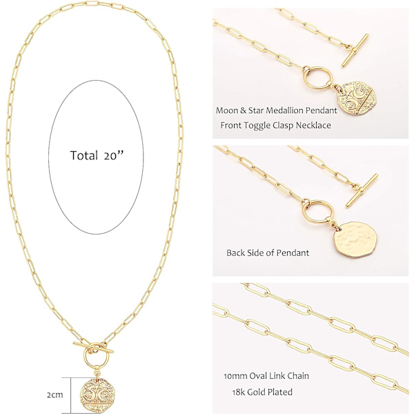 Kuu ja tähti -medaljongin riipuskaulakoru 18K kultaa ovaali lenkki ketju Choker suuri taivaallinen viehätys kerrostaminen korut 20''