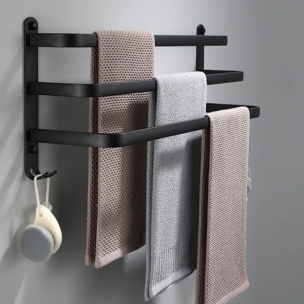 Vægmonteret håndklædeholder i aluminium - 3 lag - vandtæt - sort - 30 cm - til badeværelse, køkken, badeværelse - 30 cm