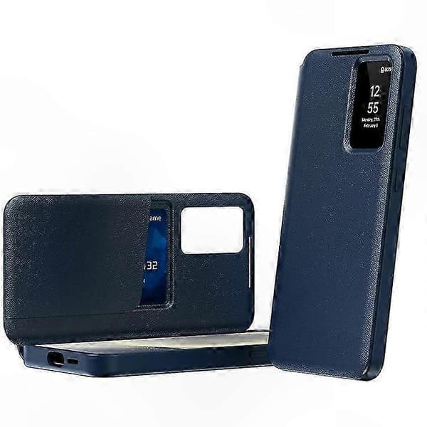 Leather Phone Case with Card Holder and Smart View Window for Galaxy A56 5G (Azure)