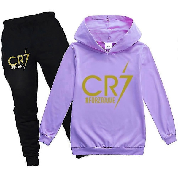 2 STK Cristiano Ronaldo Hættetrøje VM Nr. 7 Julegaver Fodboldstjerne Hættetrøje og Blå Buksesæt Piger Drenge Hættetrøje Sweatshirt Pullover Toppe Børn T-shirt Purple 2-3years