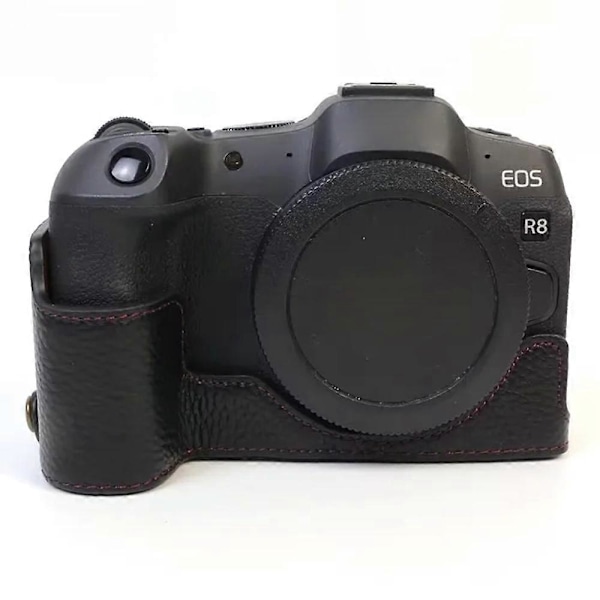 Typ B för Canon EOS R8 Äkta Ko-Läder Kamerabottenfodral Halv-Kroppsskydd med Batteriöppning Style A